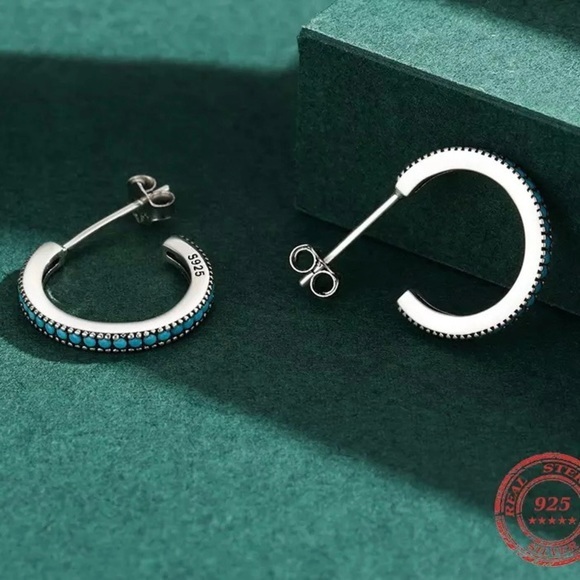 925 Sterling Silver Vintage Turquoise Hoop Earrings - Picture 4 of 5